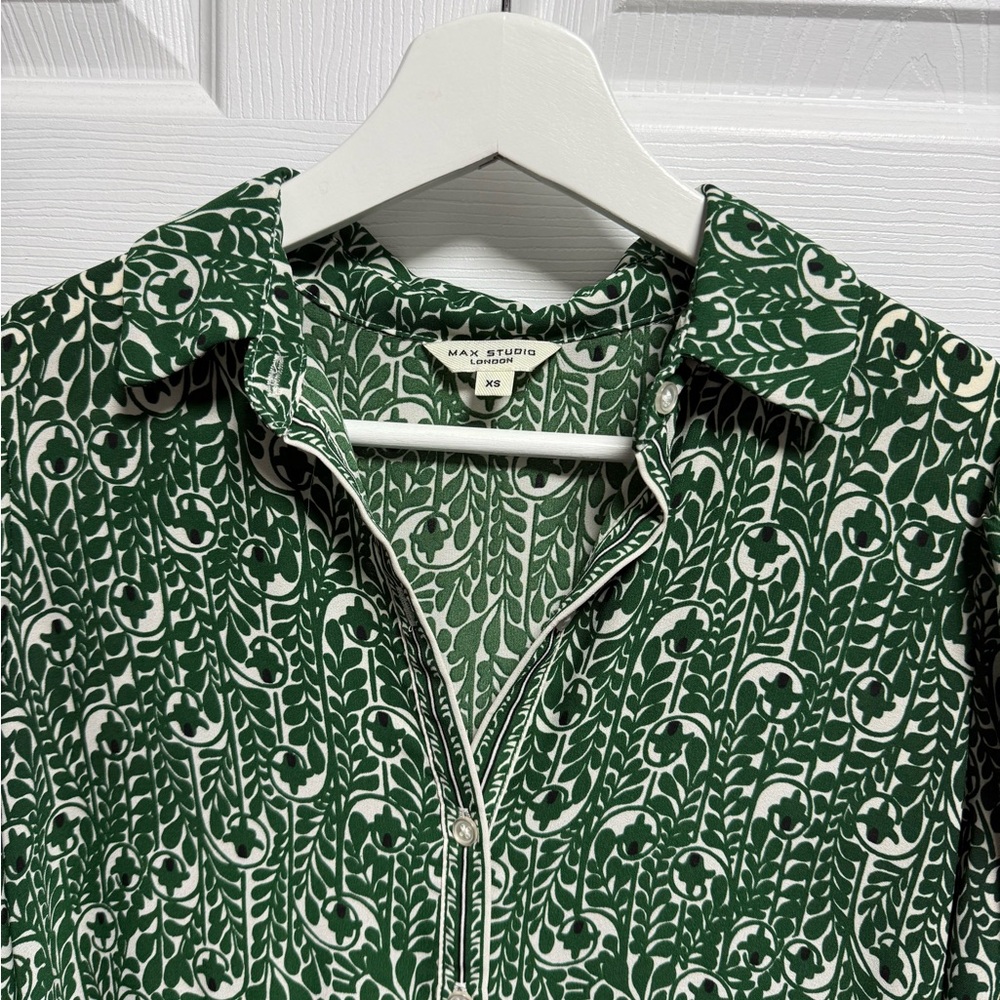 Max Studio Green Printed 3/4 Sleeve Collar Button Tiered Maxi Dress